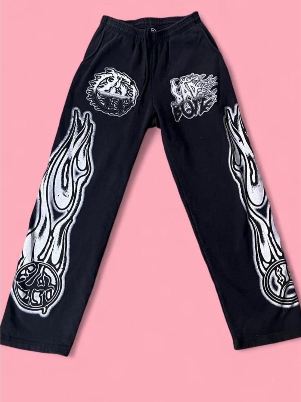 Black Graphic Flame Sweatpants with White Prints